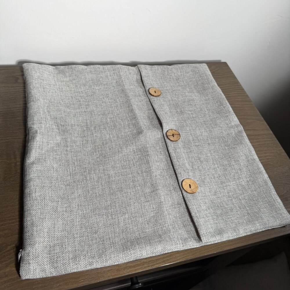 Set of 2 16" Square Farmhouse Pillow Covers — Light Grey with Wooden Buttons - Picture 7 of 8